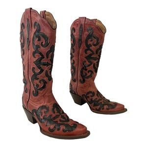 Tanner Mark Womens Size 7 Red Black Inlay Western Cowgirl Boots